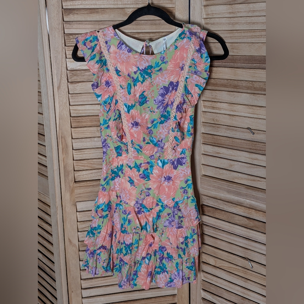 Indikah Floral Ruffle Tiered Open Back Mini Dress Pink Green Cottagecore Size 4 - Picture 3 of 8